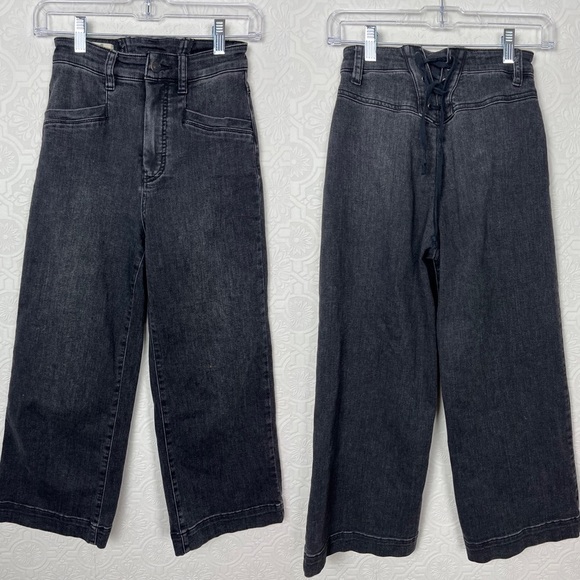 Free People CRVY Black Denim Jeans Wide Leg Cropped Tie Lace Up Waistband - Picture 1 of 10